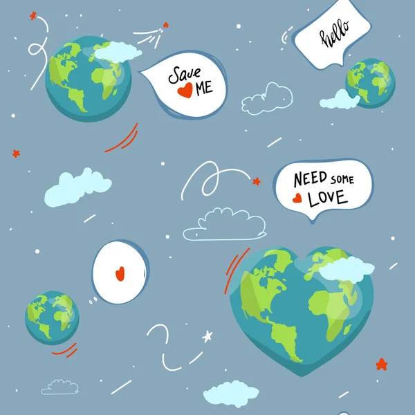 Bumi. Gelembung bicara Kartun globe. ikon web karakter alam bahagia hijau. cinta ekologi bumi planet peta dunia gambar vektor pola mulus. Selamatkan planet ini. inskripsi motivasi - Stok Vektor