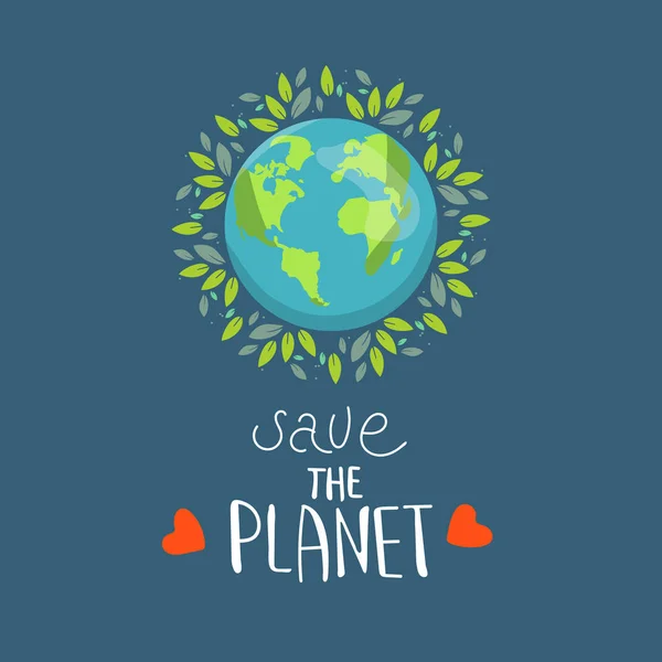 Selamatkan planet bumi kita, perlindungan lingkungan ekologi, perubahan iklim, Hari Bumi 22 April, planet dengan lambang vektor daun dengan ilustrasi terisolasi, latar belakang biru. logo - Stok Vektor