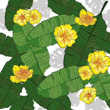 Tropikal avuç içi Dikişsiz desen sarı çiçekler ile yaprakları. Egzotik yaratıcı evrensel çiçek deseni. Poster, kart, davetiye, plasard, Flyer, Tekstil için tasarım. Vektör Illustration