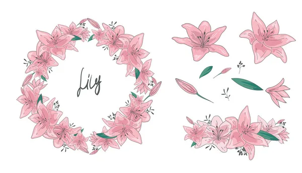 Ilustrace vektorů-květinové sady květin, listí a větví. Ručně tažené věnce, konstrukční prvky ve stylu Doodle. Ideální pro pozvánky, pohlednice, tetování, otisky. izolovaný na bílém — Stockový vektor