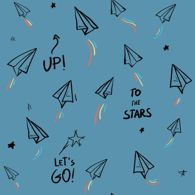 Boyalı kağıt uçaklar ve kalpler ile kesintisiz tekrarlama deseni. Tekstil, Ambalaj Kağıt, tebrik kartı vb basılabilir.