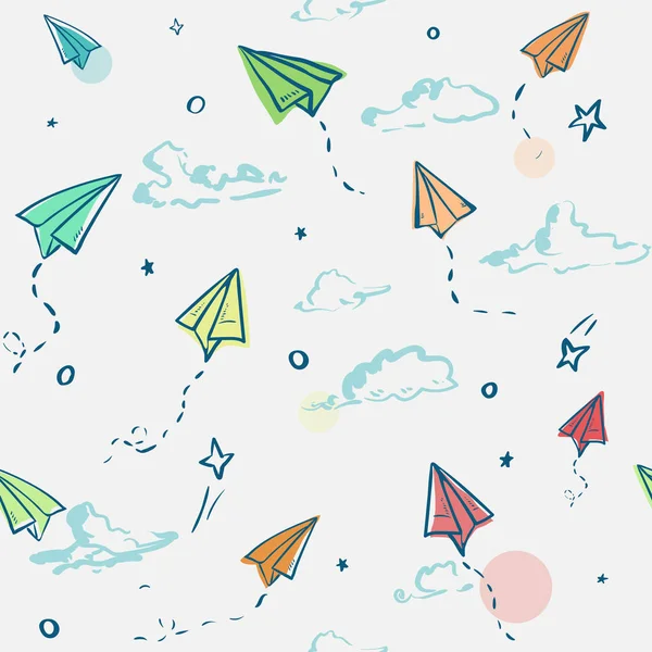Seamless repeating pattern with painted paper airplanes and hearts. Can be printed on textiles, wrapping paper, greeting card etc. — Stock Vector