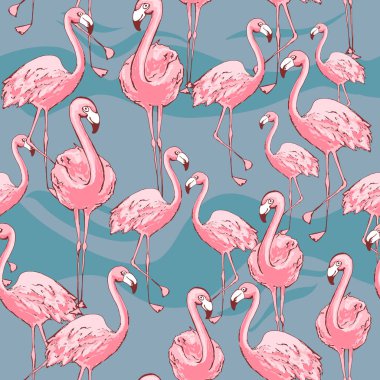 Pembe Flamingo. Sevimli Afrika kuşu. Dikişsiz vektör deseni. Yüzey için tropikal nazik arka plan, tekstil, çocuklar için kumaş. el çizilmiş fırça dokusu. mavi arka plan