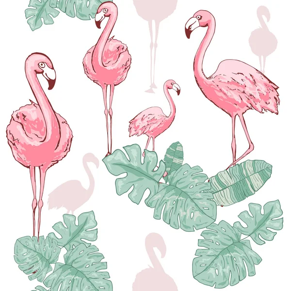 Rosa flamingo. Söt afrikansk fågel. Sömlöst vektormönster. Tropisk mild bakgrund för yta, textil, tyg för barn. handritad borste konsistens. Blommor från klotter. vit bakgrund — Stock vektor