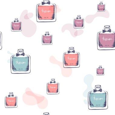 Vektör dikişsiz desen. parfüm şişesi. El çizilmiş sevimli komik moda illüstrasyon. doodle kroki. Yalıtılmış elemanlar. beyaz arka plan. tekstil, yüzey dokuları, baskı, ambalaj kağıdı için