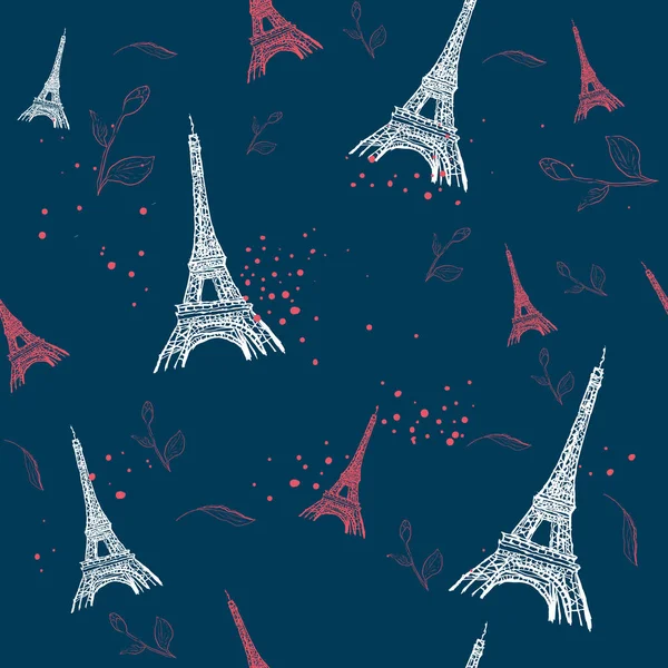 Patrón de París sin costuras con la Torre Eiffel y flores de rosas. Fondo de vector francés. Perfecto para fondos de pantalla, página web, texturas superficiales, textiles, invitaciones, ropa, tarjetas, diseños de productos — Vector de stock