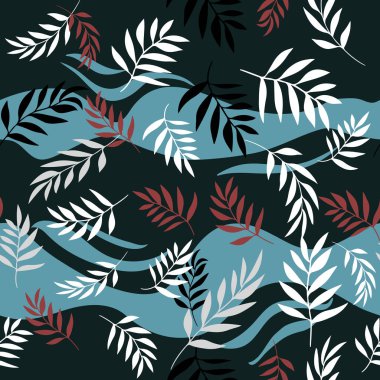 Dikişsiz Desen bırakır. Tekstil baskı, kumaş, duvar kağıdı, sayfa dolgu, ambalaj kağıdı, web tasarımı için grafik yaprakları ile Vektör dikişsiz desen. çiçek fon. El çizilmiş. Renkli arka plan. Siyah