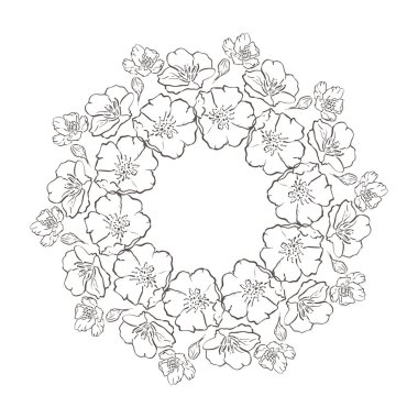 Vektör Monokrom Çiçek Arka Plan. Çiçek Çelenk ile El Çizilmiş Süs. Tebrik Kartı şablonu.