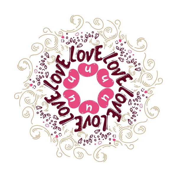 Doodle curls. cute hearts. Vector Romantic design with hand drawing lettering Love u. mandala background. Wallpaper, flyers, invitation, posters, banners. greeting card, template, wreath, circle frame — Stock Vector