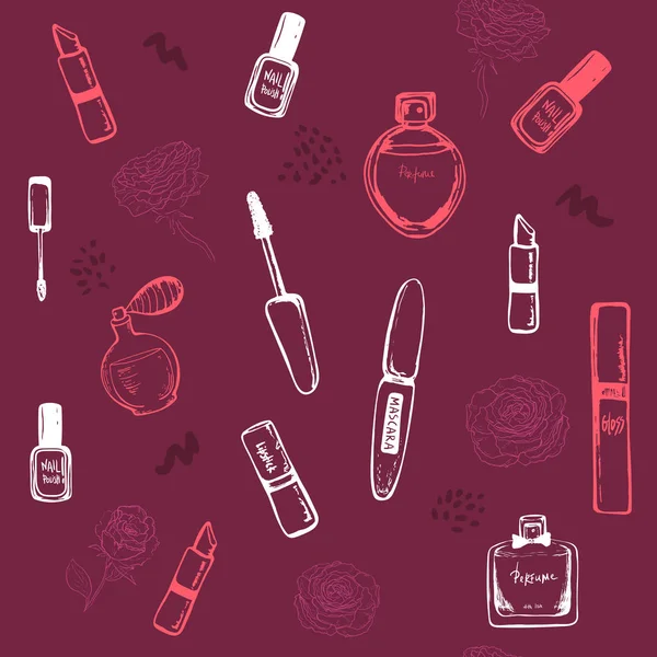 Skönhet sömlösa mönster. sketch Nail Polish, läppstift, mascara, parfym. Hand ritning vit kontur designelement. Vektor illustration. för bakgrundsbilder, mönster fyllningar, webbsides bakgrunder — Stock vektor