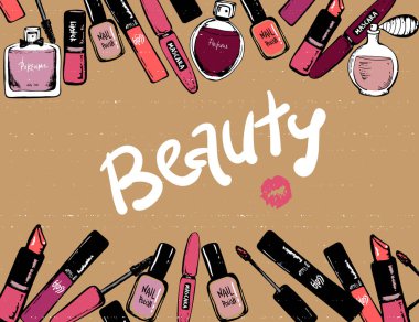 kozmetik elemanları güzellik ürünleri. çerçeve el kozmetik çizilmiş. Makyaj. moda makyaj afiş. Vektör çizim daire çerçevesi. Kozmetik dükkanı, güzellik salonu. Oje, parfüm, ruj