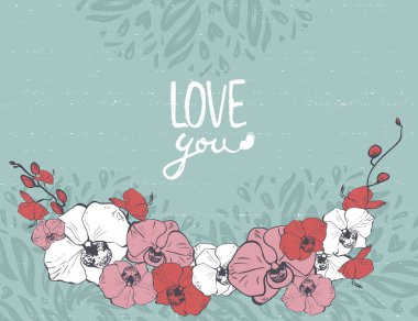 çiçek bahar yaz kartı şablonu. egzotik pembe mor orkide çiçekleri buket yaprakları çiçeklenme ile dekore çelenk sınır çerçevesi. seni metin yer tutucu seviyorum. afiş flayer