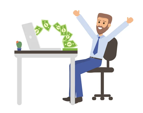 Yeşil banknot para fanı ile başarılı işadamı dizüstü bilgisayar ile ofis masasında oturan jest yukarı başparmak. Karikatür düz illüstrasyon Internette para kazanma. Entelektüel işçilik