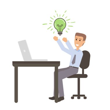 Dizüstü bilgisayar ile ofis masasında oturan fikri ile başarılı işadamı. Karikatür düz illüstrasyon Internette para kazanma. Entelektüel işçilik