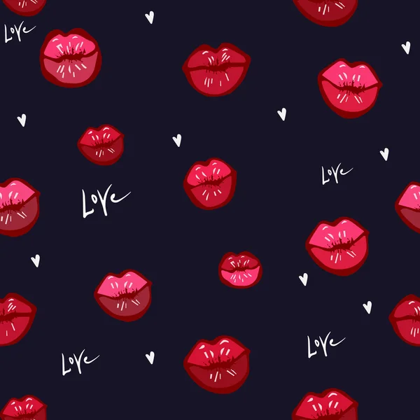 Patrón sin costuras de labios rojos sexy sobre fondo negro. Lápiz labial vectorial o diseño realista de brillo labial. Ilustración de moda. dibujo a mano para Fondos de Pantalla, Página Web, Texturas de Superficie, Papel de Envoltura, Textiles — Vector de stock