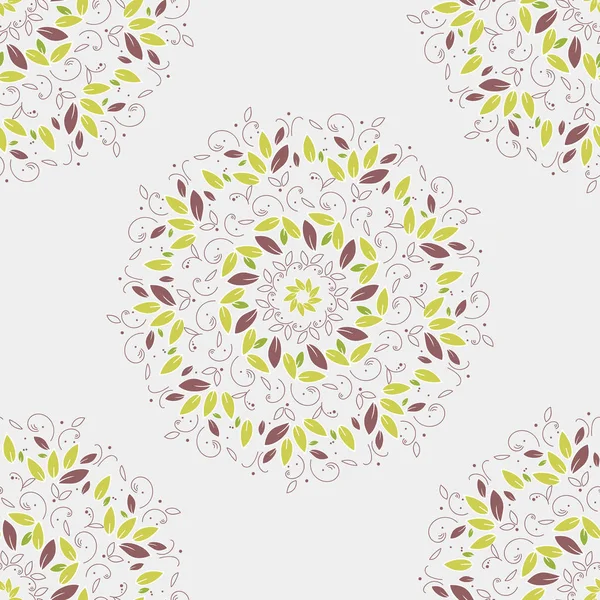 Padrão sem costura. Círculo de mandala. Árvore redonda folhas ornamento no fundo branco. Ilustração vetorial verde.Simples impressão mandala floral. Medalhão de flores abstratas — Vetor de Stock