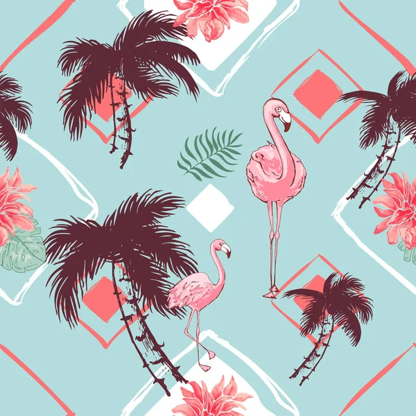 Tropikal ağaçlar ile Dikişsiz desen. Flamingo, Rhombus, geometrik şekiller, tropikal çiçekler, mavi resimde palmiye. Çizgili arka planda orman yaprakları. Kumaş, duvar kağıdı. el çizimi