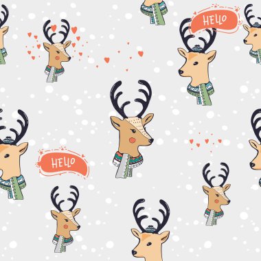 Yeni yıl geyiği ile dikişsiz el çizilmiş desen. Arka plan. Vektör. atkı ile şapka lı geyik. Kar tane -leri. Yeni Yıl duvar kağıtları, baskı kumaş ambalaj kağıdı