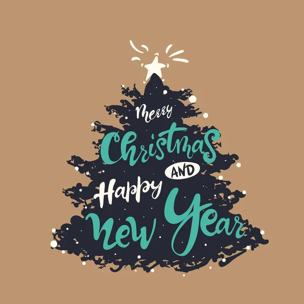 Christmas Greeting Card. Merry Christmas lettering, vector illustration. Happy New Year Poster or greeting card design. Calligraphy lettering quote on tree with star. hand drawing