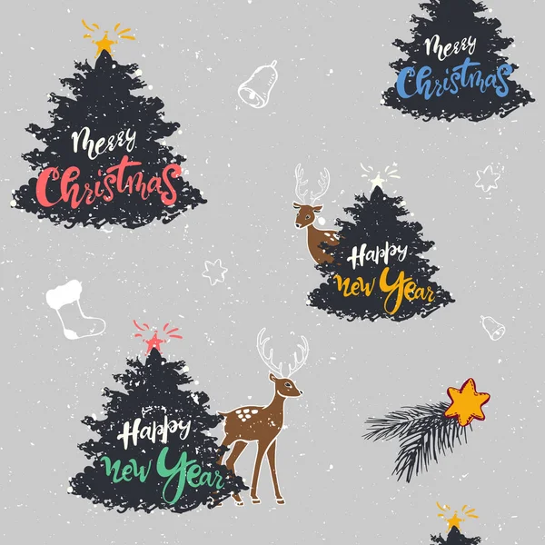 Stylowe Wesołych Świąt bezszwowe wzór z drzewa, napis, jelenie, zabawki w wektorze. do tapet, wypełnień deseniem, tła stron internetowych. Wesołych Świąt Bożego Narodzenia. Szczęśliwego nowego roku 2020 — Wektor stockowy
