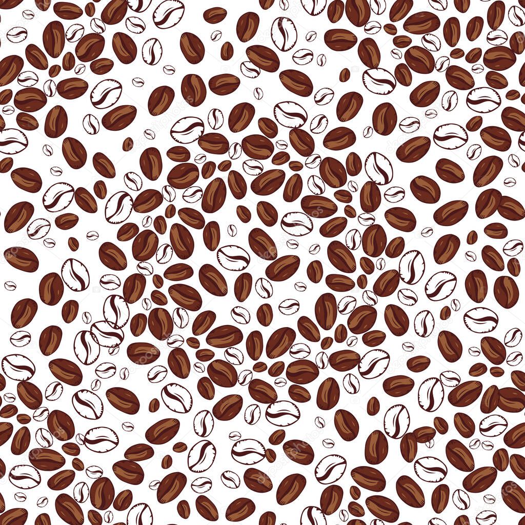 Graphic coffee beans. Vector seamless pattern. page design. Seamless pattern for wallpapers, pattern fills, web page backgrounds, surface textures, fabric, carpet, home decor.