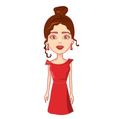 Beyaz arka planda güzel, uzun saçlı, sıradan elbiseli bir vektör. Çizgi film insanları illüstrasyonu. Genç beyaz saç stili. Ön manzara kızı..