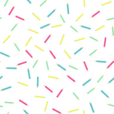 Okula dönelim. Renkli kalem, kırtasiye malzemeleri, kusursuz desen. bembeyaz