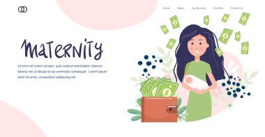 İniş sayfasında bebeği, parası ve çantası olan genç bir kadın var. Tam bir para yağmuru. Annelik ve finans. Beyaz arkaplanda izole edilmiş vektör düz tasarım çizimleri.