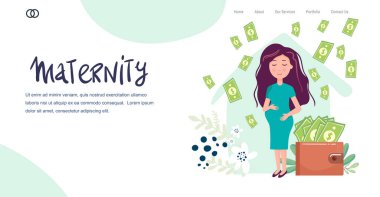 İniş sayfası, pankart, genç hamile kadın çantası. Hamile kadın ve para. Beyaz arkaplanda izole edilmiş vektör düz tasarım çizimleri.
