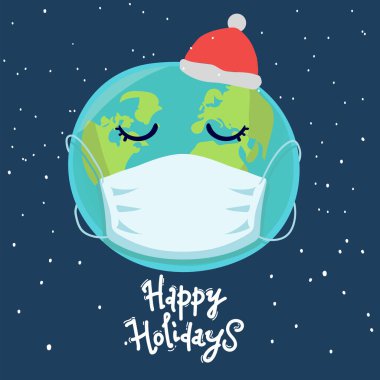 Mavi üzerine tıbbi maske takmış Dünya gezegeni. İyi tatiller, mektuplar. Salgın Noel konsepti. Vektör illüstrasyonu