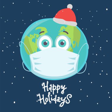 Mavi üzerine tıbbi maske takmış Dünya gezegeni. İyi tatiller, mektuplar. Salgın Noel konsepti. Vektör illüstrasyonu
