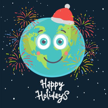 Noel Gezegeni kartı. Mutlu Noeller ve havai fişeklerle dolu karanlık bir arka planda yeni yıl karakteri. Tebrik kartı, poster, afiş, kartpostal