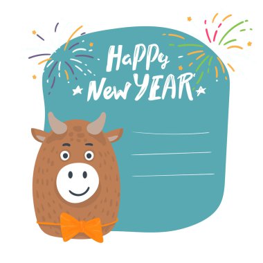 Boğa kartpostalının olduğu yıl. Boğa yılı. 2021 yılı. - Mutlu yıllar. Beyaz arka planda komik bir boğa karakteri. Yeni yıl tebrik kartı, poster