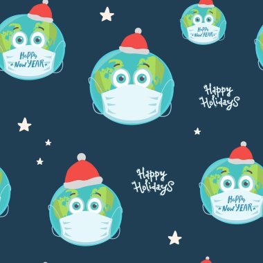 Mavi üzerine tıbbi maske takmış Dünya gezegeni. İyi tatiller, mektuplar. Salgın Noel konsepti. Vektör illüstrasyonu.