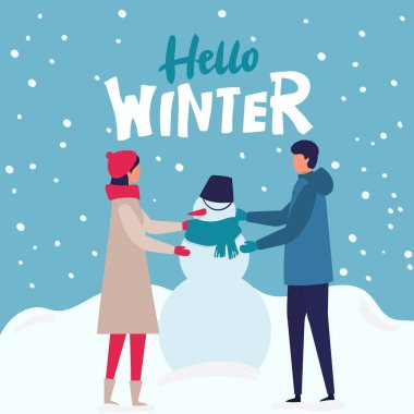 Kardan adam yapan kardan adam yapan bir aile. Modern insanlar Noel sezonu için tatil tasarımı. Mutlu Noeller. Mutlu yeni yıl çizimleri.