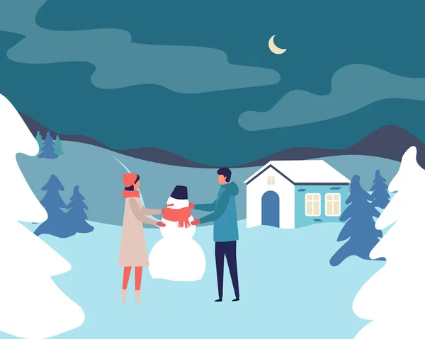 Familj med man och kvinna gör snögubbe på snö landskap bakgrund. Moderna människor semester design för julen. God jul Gott nytt år vinter illustration — Stock vektor
