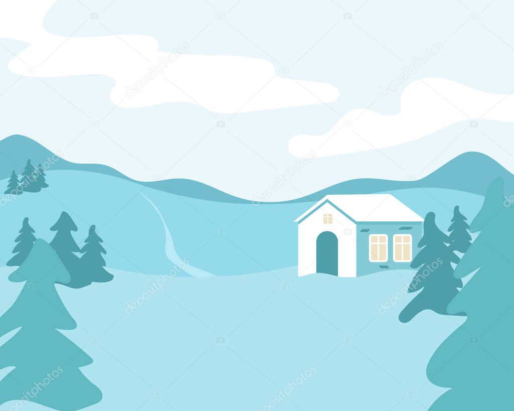 Holiday winter landscape background with winter tree. Vector
