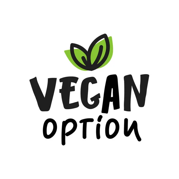 Vegane Option, Schriftzug Food Logo Emblem Symbol Vektordesign. Logo isoliert weißen Hintergrund. Grüne Blätter Gesundes frisches Licht Öko-Vegetarier 100 natürliche Rohkost Veganer essen saubere Erde Gemüse Bio — Stockvektor