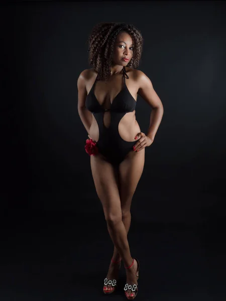 Vertical Portrait Attractive African American Woman Wearing One Piece Swimsuit — Stock Photo, Image