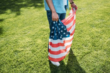 cropped shot of man holding american flag while standing on grass in park clipart