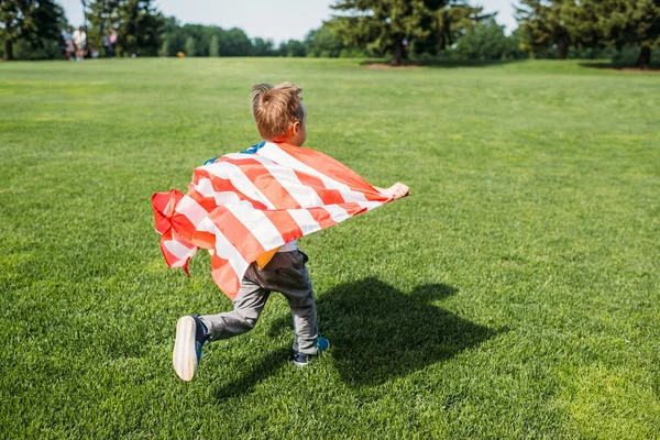 Rear View Little Boy American Flag Running Grass Park — Stock Photo, Image