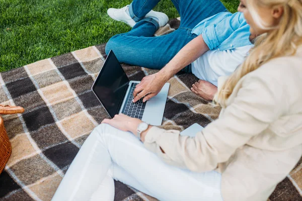 Cropped Shot Couple Using Laptop Blank Screen Picnic Park — Free Stock Photo