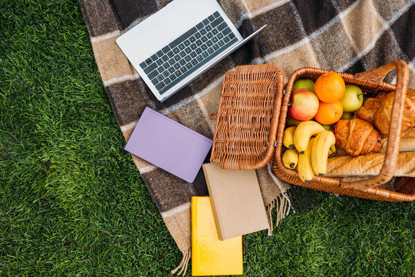 top view of laptop, books and picnic basket on plaid in park 