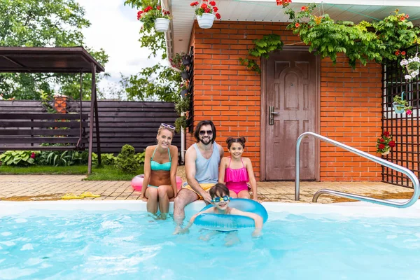 Happy Family Spending Time Swimming Pool Countryside Backyard Summer Day — Stock Photo, Image
