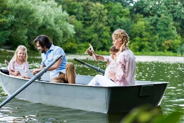 Beautiful Young Family Riding Boat Lake Using Tablet Playing Toy — Stock Photo, Image