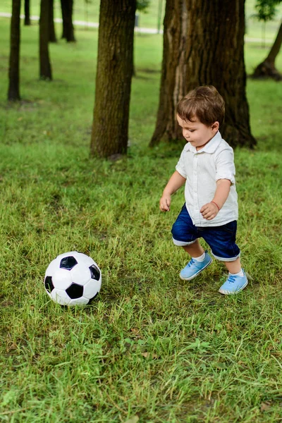 Очаровательный Маленький Ребенок Играет Футбольным Мячом Парке — стоковое фото