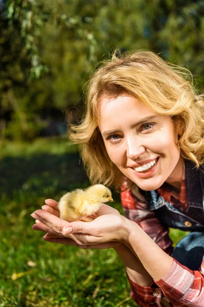 Retrato Mulher Segurando Adorável Amarelo Bebê Pinto Livre — Fotografia de Stock Grátis