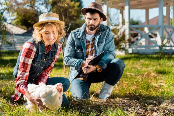 Enfoque Selectivo Mujer Sosteniendo Pollo Mientras Novio Escribe Portapapeles Granja Imagen De Stock