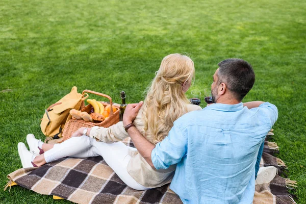 Rückansicht eines weintrinkenden Paares beim Picknick — Stockfoto