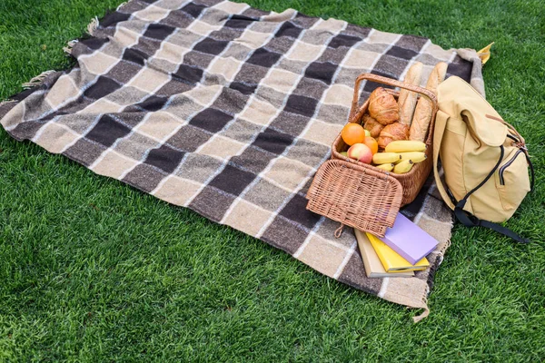 Vista ad alto angolo di cestino da picnic, zaino e libri sul plaid nel parco — Foto stock